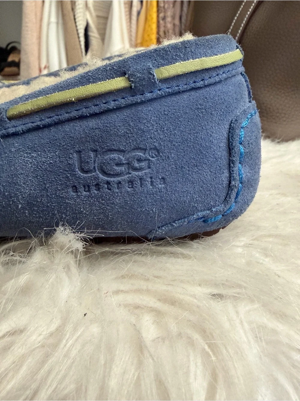 UGG Blue Suede Moccasins with Light Green Laces